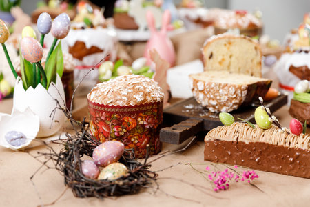Easter cake orthodox sweet bread kulich and colorful chocolate eggs on festive table.