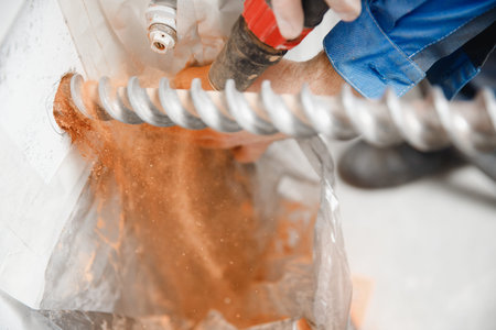 Builder worker man with hammer drill perforator equipment making hole in gray wall construction.の写真素材
