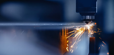 Blue color Laser CNC cut of metal with light spark, technology modern industrial.