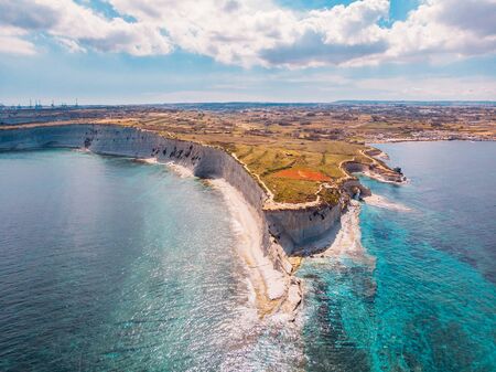 City Marsaskala Malta summer harbour water mediterranean sea blue. Aerial top viewの写真素材