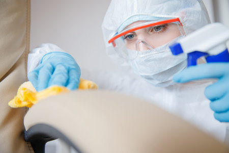 Cleaning service disinfects hotel room from coronavirus and germs. Concept antiseptic against...