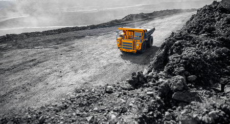 Big yellow mining truck for coal move. Open pit mine industry