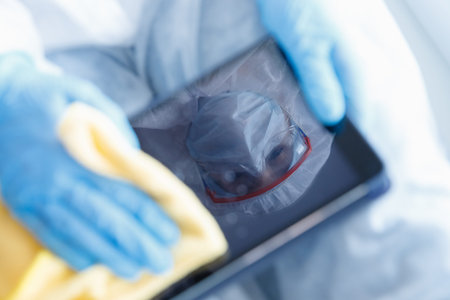 Nurse Cleaning Phone screen Disinfection is wiped coronavirus removes microbes for prevention of...