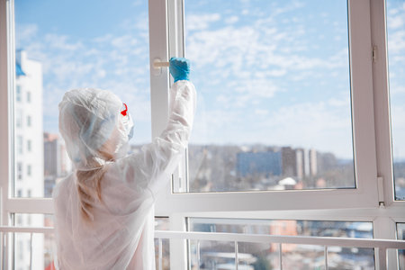 Woman biohazard patient after quarantine, looks bright sun and breathes fresh air. Concept exit from...