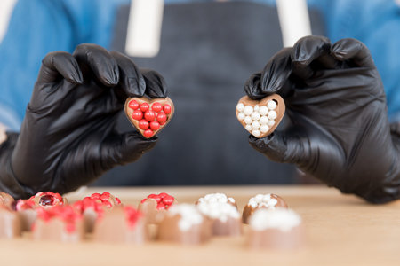 Pastry chef shows homemade sweet chocolate candies in shape of red and white heart-shaped filling
