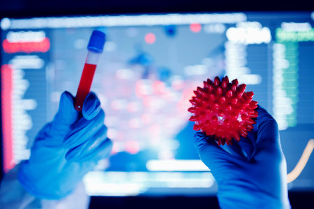 Nurse biohazard holding blood test positive Coronavirus in health lab.