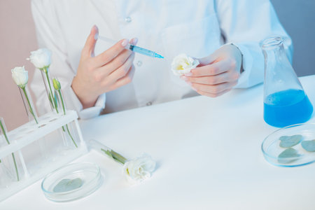 Scientist is developing natural cosmetics extract aroma oil from flowers. Buds leaf in glass flask....