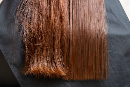 Sick, cut and healthy hair care straightening. Before and after treatmentの写真素材