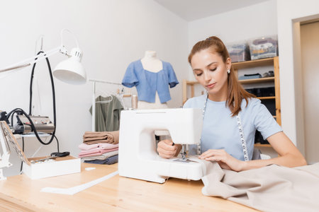 Happy woman seamstress tailor works with tailoring new and fashionable clothes, sew workplace