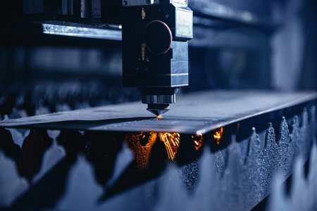 CNC laser machine cutting sheet metal with light spark. Technology plasma industrial, Blue steel...
