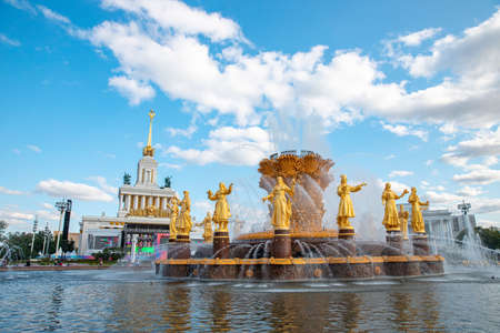 Moscow, Russia - July 29, 2019: fountain and park in VDNH sunny summer day, popular tourist landmarkのeditorial素材