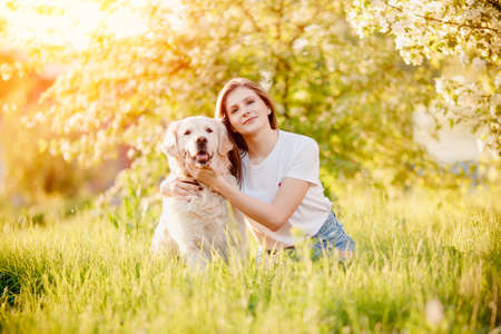 Young woman hugs dog Labrador Retriever outdoors in park, sunny day. Animals best friends conceptの写真素材