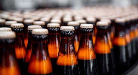 Brown glass beer drink alcohol bottles, brewery conveyor, production lineの写真素材
