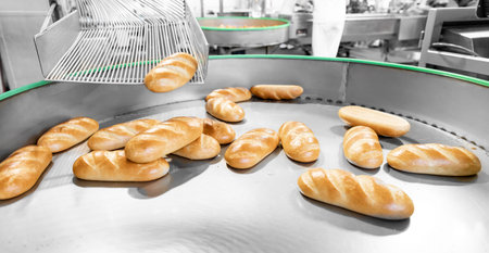 Fresh hot baked breads on automated production line bakery. Manufacture industrial