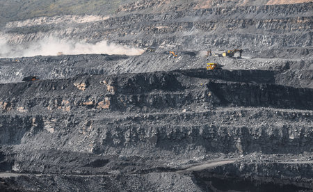 Geological section of soil, layers of coal and rock. Overburden open mine anthracite. Dark texture...