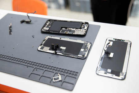 Close up of modern mobile phone repair process chip. Service for restoration and maintenance of...