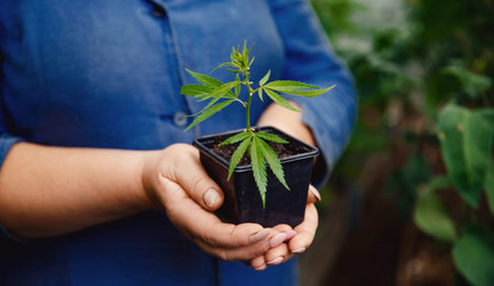 Seedlings cannabis plant in hand farmer. Concept farm marijuana plantation