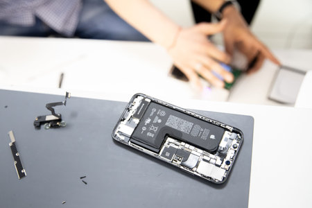 RUSSIA - July 27, 2020: Repair iPhone apple broken phone screen and replace used rechargeable...