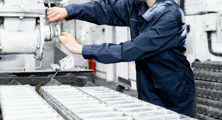 Working engineer performs work on setting up industrial repairs of equipment in production of bread