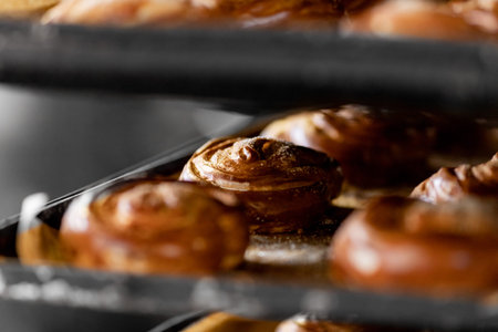 Baked breads on automatic production line bakery from hot oven