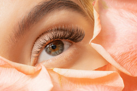 Close up of woman green eye eyelashes extension in flower petals. Tenderness beauty procedure...