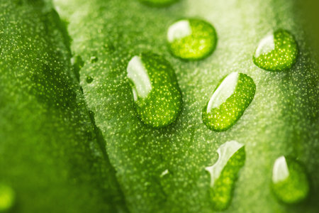 Macro water drops of transparent rain on green leaf. Beautiful natural environment background