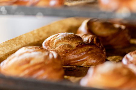 Bun with icing sugar is baked in oven industrial food production line