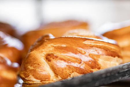 Bun with icing sugar is baked in oven industrial food production line