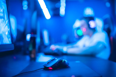 Selective focus on gaming computer mouse, in background video gamer participates in tournament...