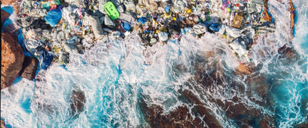 Concept environmental pollution ocean and water with garbage plastic and human waste. Aerial top viewの写真素材