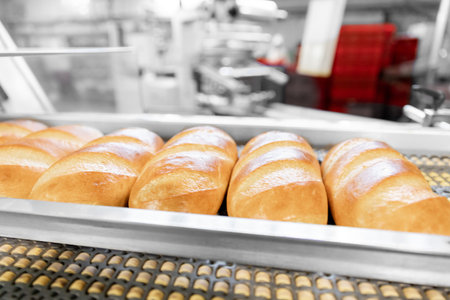 Fresh hot baked breads on automated production line bakery. Manufacture industrial