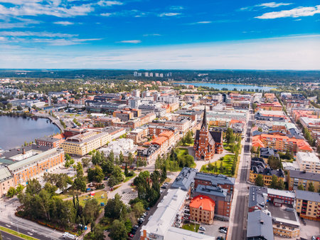 Lulea, Sweden - July 05, 2019: Panorama city, Cathedral sunny day, blue skyのeditorial素材