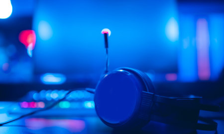 Professional headphones with microphone for video games and cyber sports on background of gaming...