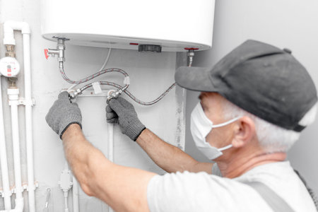 Plumber man in medical mask installing boiler water heater in bathroom