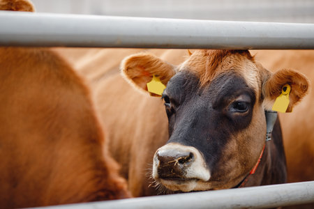 Modern automated farm for breeding red Jersey cows. Meat, milk, cheese livestock industry