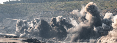 Explosive works on open pit coal mine industry with dust and puffs of smoke