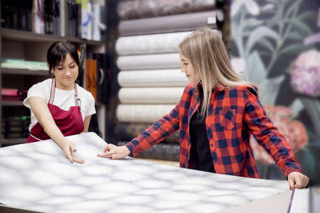 Renovation store, sales assistant shows rolls of wallpaper for home walls to young womanの写真素材