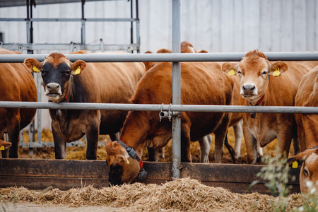 Chipped cow with automatic collar eats hay at farm campの写真素材
