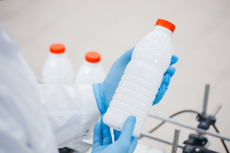 Man worker operator inspecting milk bottles production line dairy factory industry, automatic conveyor for transportingの写真素材