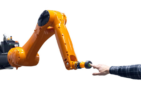 Cyber communication futuristic touches robot arm human operator hand in artificial intelligence...