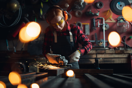 Worker woman with safety glasses and earphones use electric wheel grinding on steel structure in factory, light sparkの写真素材