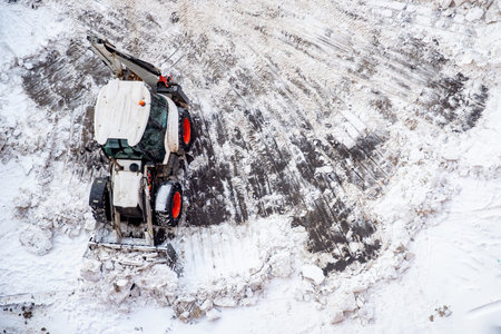Snow removal excavator truck, Drone top view
