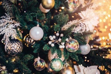 Christmas green pine tree with background bokeh light, toning color
