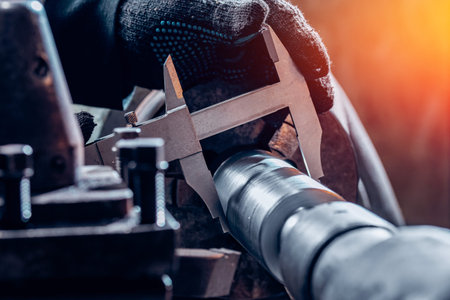 Operator measures reel of workpiece with vernier caliper. Process CNC lathe machine cutting metalの写真素材