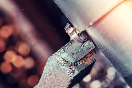 Machine iron tools CNC cut of metal with light spark, technology modern industrialの写真素材