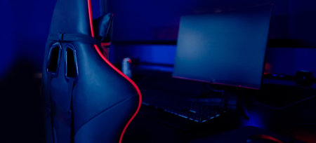 Professional gamers cafe room with powerful personal computer game chair blue color. Concept cyber...