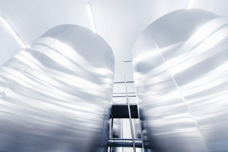 Equipment dairy plant, milk factory industry. Stainless steel storage and processing tanks