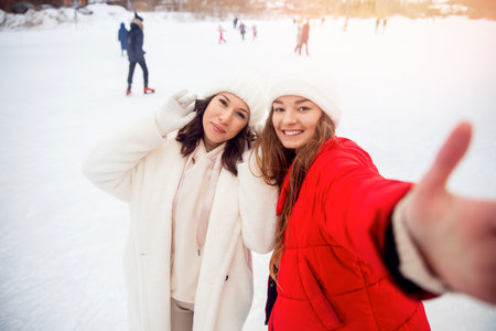 Concept friendship lifestyle. Two beautiful caucasian young woman with white hats taking selfie photo with smartphone outdoors in winterの写真素材