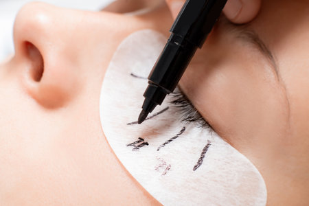 Eyelash extension procedure. Master marker puts markup scheme on patch for fake long lashes beautiful female eyesの写真素材