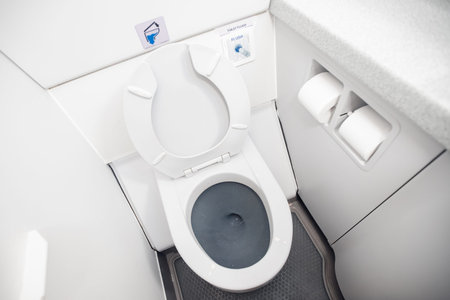Airplane passenger lavatory toilet seat and water wash basin.